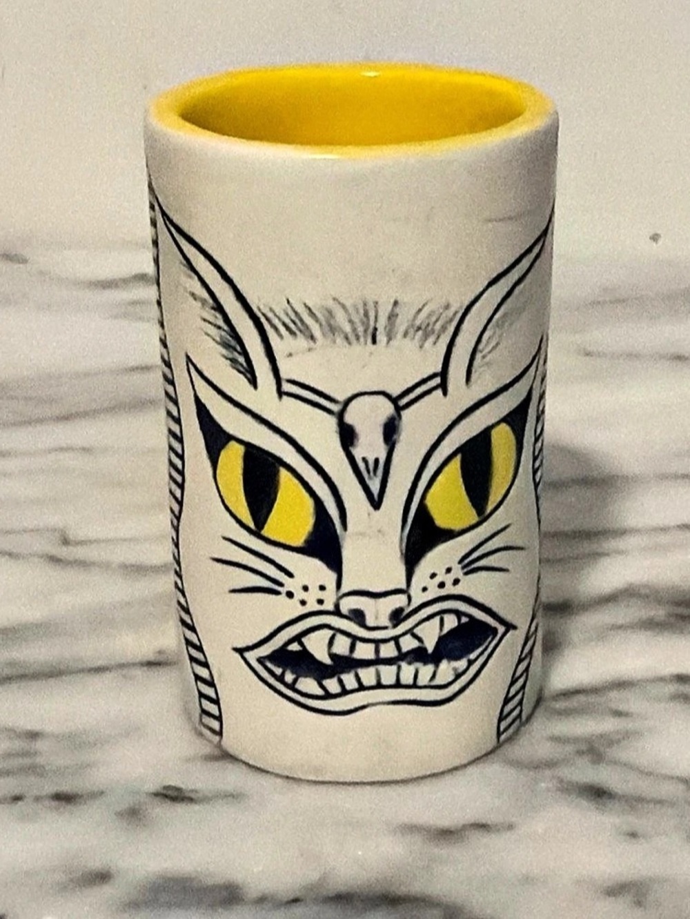 Sgraffito tattoo art Hand made Floral Ceramic Vessel White & Yellow signed JL